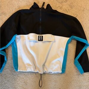DKNY Black, White & Teal Colorblock Cropped Zip Hoodie and other jackets